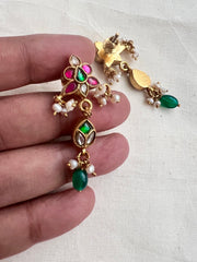 Gold polish kundan, ruby & emerald earrings with pearls-Earrings-CI-House of Taamara