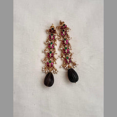 Gold polish kundan, ruby & emerald earrings with pearls-Earrings-CI-House of Taamara