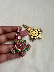 Gold polish kundan, ruby & emerald earrings with pearls-Earrings-CI-House of Taamara