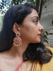 Gold polish kundan, ruby & emerald earrings with pearls-Earrings-CI-House of Taamara