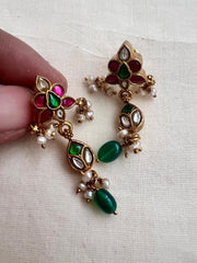 Gold polish kundan, ruby & emerald earrings with pearls-Earrings-CI-House of Taamara