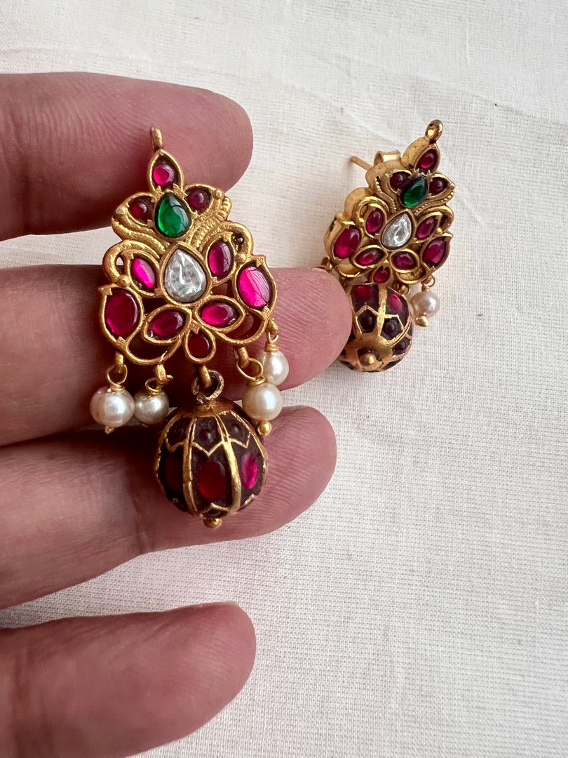 Gold polish kundan, ruby & emerald earrings with pearls-Earrings-CI-House of Taamara