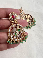Gold polish kundan, ruby & emerald earrings with pearls-Earrings-CI-House of Taamara