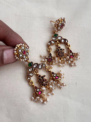 Gold polish kundan, ruby & emerald earrings with pearls-Earrings-CI-House of Taamara