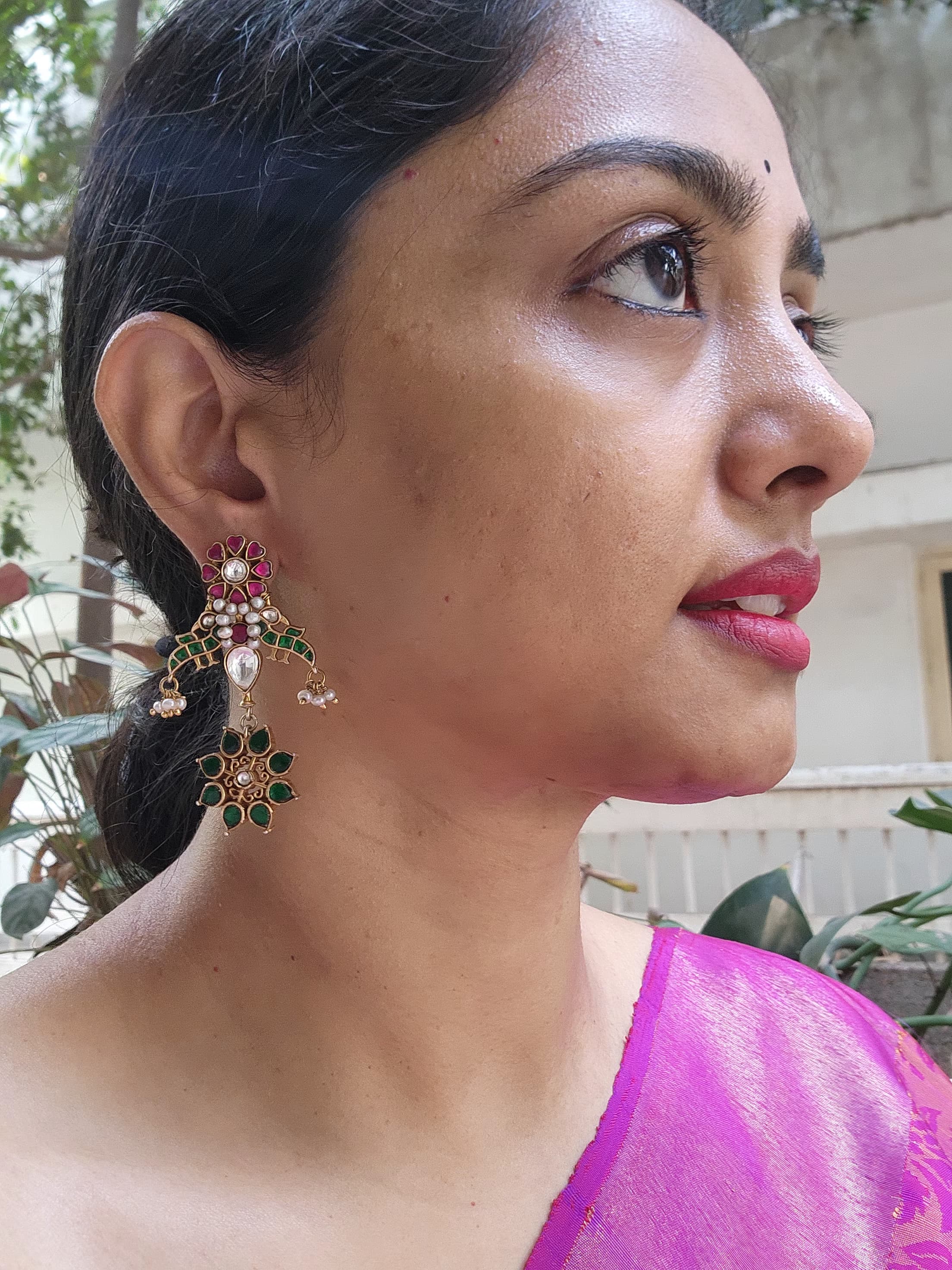 Gold polish kundan, ruby & emerald earrings with pearls-Earrings-CI-House of Taamara