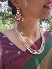 Gold polish kundan, ruby & emerald earrings with pearls-Earrings-CI-House of Taamara