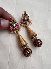 Gold polish kundan, ruby & emerald earrings with ruby bead hangings-Earrings-CI-House of Taamara