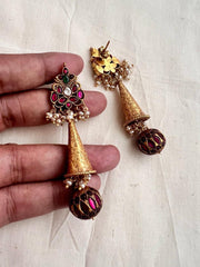 Gold polish kundan, ruby & emerald earrings with ruby bead hangings-Earrings-CI-House of Taamara