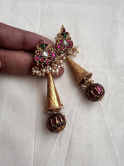 Gold polish kundan, ruby & emerald earrings with ruby bead hangings-Earrings-CI-House of Taamara