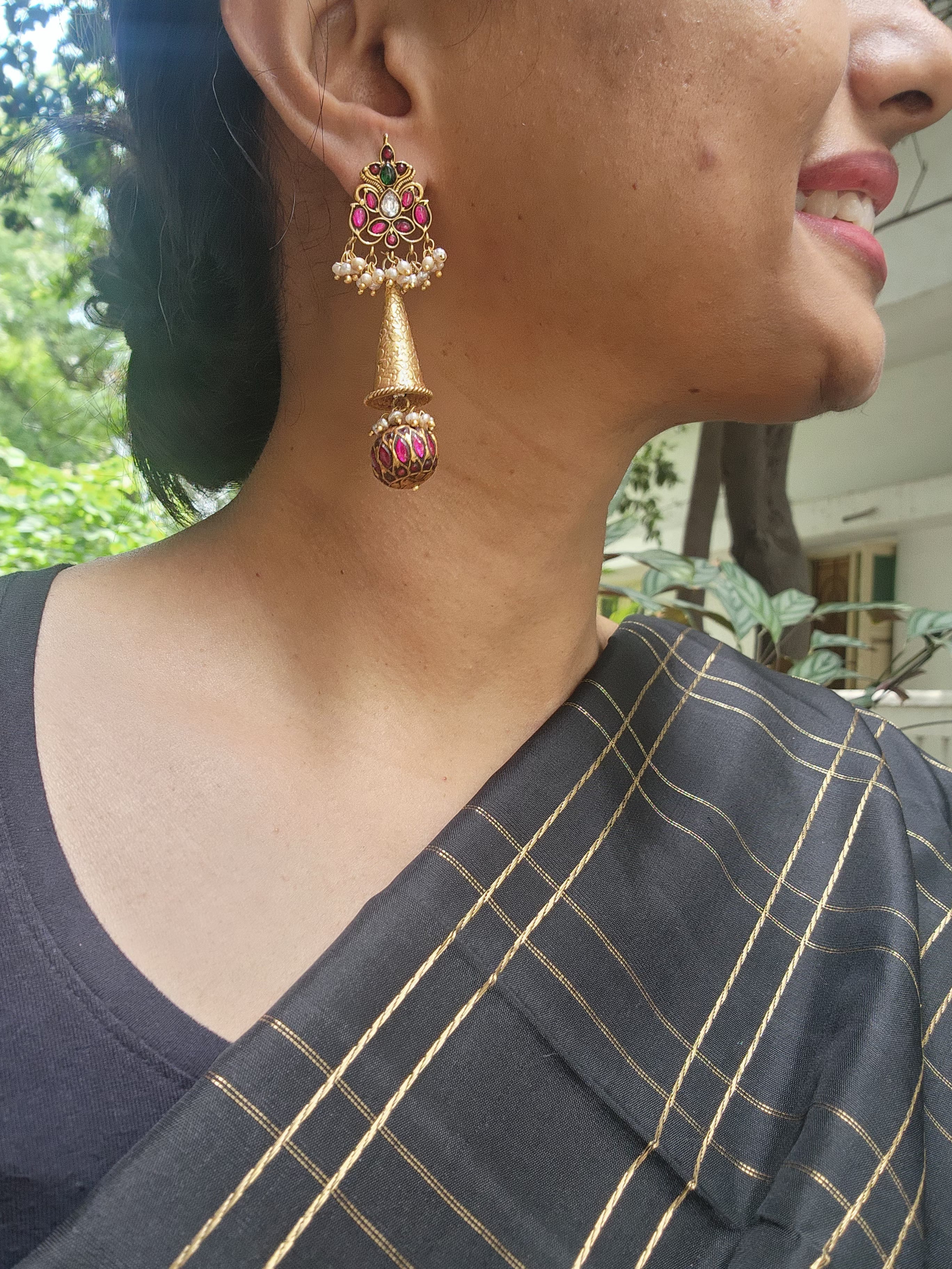 Gold polish kundan, ruby & emerald earrings with ruby bead hangings-Earrings-CI-House of Taamara