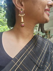 Gold polish kundan, ruby & emerald earrings with ruby bead hangings-Earrings-CI-House of Taamara