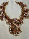 Gold polish kundan, ruby & emerald gutapusulu necklace with earrings, set-Silver Neckpiece-CI-House of Taamara