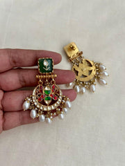 Gold polish kundan, ruby & emerald hangings with pearls-Earrings-CI-House of Taamara