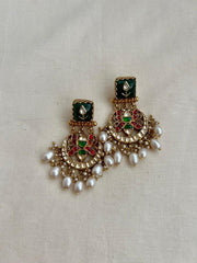 Gold polish kundan, ruby & emerald hangings with pearls-Earrings-CI-House of Taamara