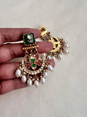 Gold polish kundan, ruby & emerald hangings with pearls-Earrings-CI-House of Taamara