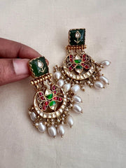 Gold polish kundan, ruby & emerald hangings with pearls-Earrings-CI-House of Taamara