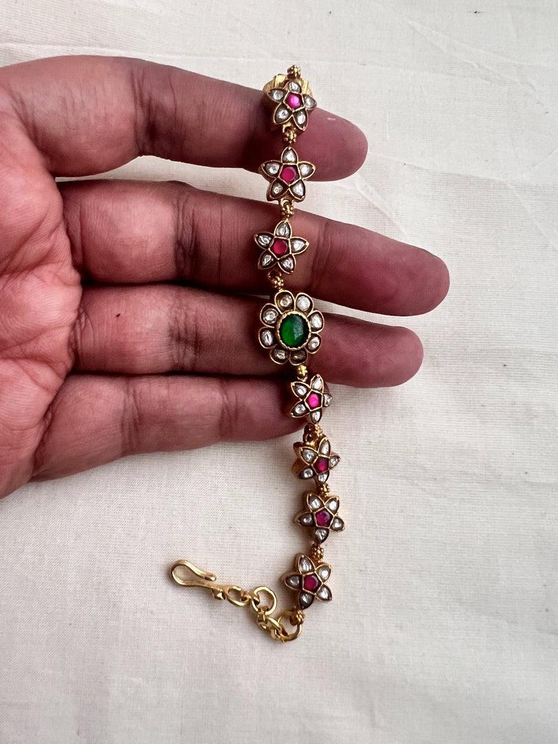 Gold polish kundan, ruby & emerald hook bracelet-Silver Bracelet-CI-House of Taamara