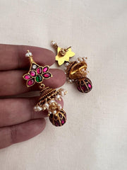 Gold polish kundan, ruby & emerald jhumkas with pearls-Earrings-CI-House of Taamara