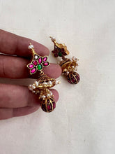 Gold polish kundan, ruby & emerald jhumkas with pearls-Earrings-CI-House of Taamara