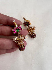 Gold polish kundan, ruby & emerald jhumkas with pearls-Earrings-CI-House of Taamara