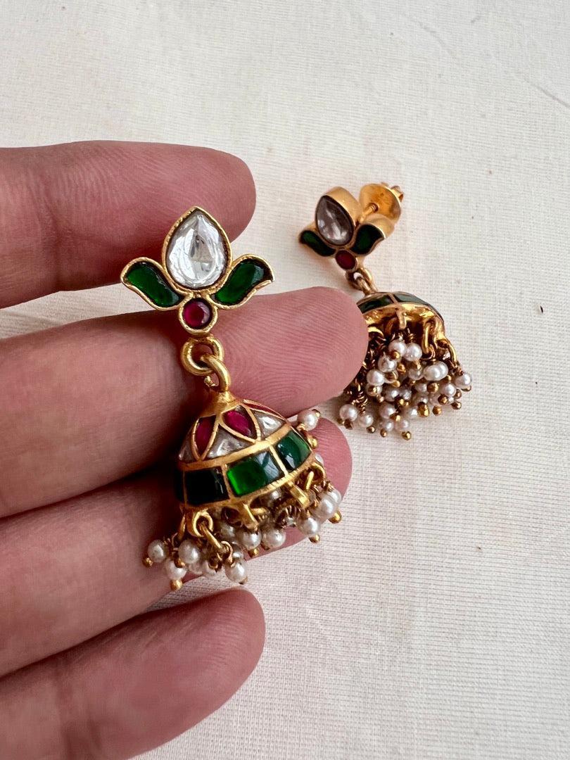 Gold polish kundan, ruby & emerald jhumkas with pearls-Earrings-CI-House of Taamara