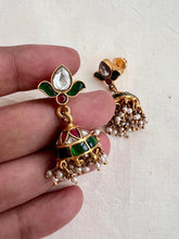 Gold polish kundan, ruby & emerald jhumkas with pearls-Earrings-CI-House of Taamara