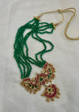 Gold polish kundan, ruby & emerald magri pendant necklace with green onyx beads-Silver Neckpiece-CI-House of Taamara
