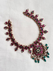 Gold polish kundan, ruby & emerald necklace with grean onyx & pearl beads-Silver Neckpiece-CI-House of Taamara