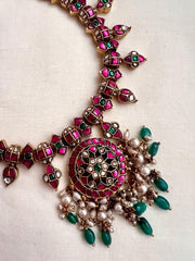 Gold polish kundan, ruby & emerald necklace with grean onyx & pearl beads-Silver Neckpiece-CI-House of Taamara