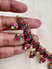 Gold polish kundan, ruby & emerald necklace with grean onyx & pearl beads-Silver Neckpiece-CI-House of Taamara