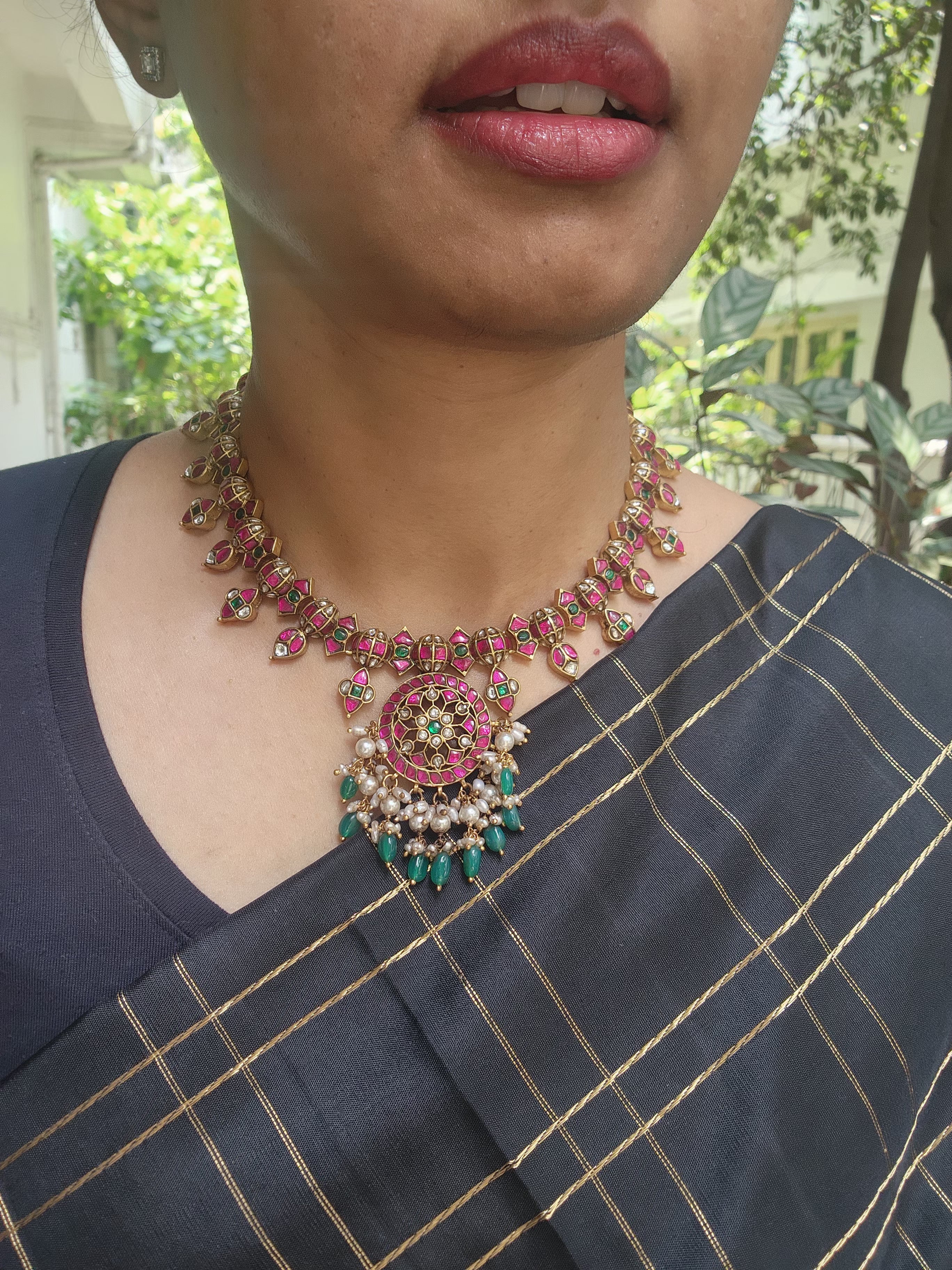 Gold polish kundan, ruby & emerald necklace with grean onyx & pearl beads-Silver Neckpiece-CI-House of Taamara