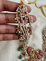 Gold polish kundan, ruby & emerald necklace with pearl bunch & jade beads-Silver Neckpiece-CI-House of Taamara
