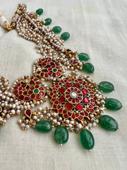 Gold polish kundan, ruby & emerald necklace with pearl bunch & jade beads-Silver Neckpiece-CI-House of Taamara