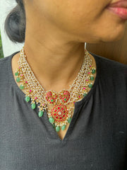 Gold polish kundan, ruby & emerald necklace with pearl bunch & jade beads-Silver Neckpiece-CI-House of Taamara