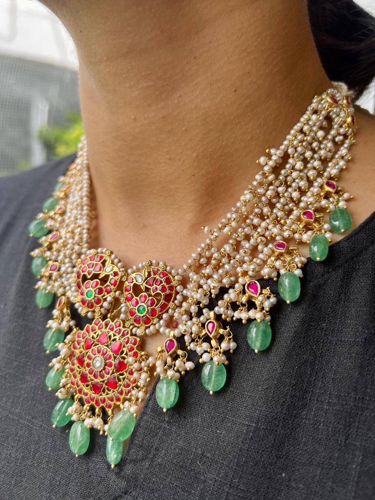 Gold polish kundan, ruby & emerald necklace with pearl bunch & jade beads-Silver Neckpiece-CI-House of Taamara