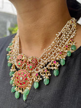 Gold polish kundan, ruby & emerald necklace with pearl bunch & jade beads-Silver Neckpiece-CI-House of Taamara