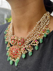 Gold polish kundan, ruby & emerald necklace with pearl bunch & jade beads-Silver Neckpiece-CI-House of Taamara