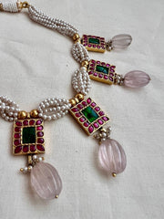 Gold polish kundan, ruby & emerald necklace with pearls and rose quartz beads-Silver Neckpiece-CI-House of Taamara