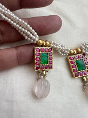 Gold polish kundan, ruby & emerald necklace with pearls and rose quartz beads-Silver Neckpiece-CI-House of Taamara