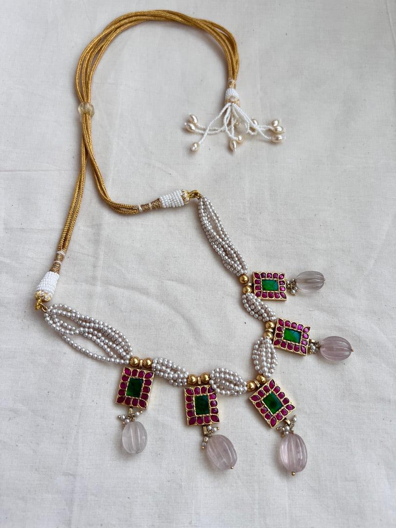 Gold polish kundan, ruby & emerald necklace with pearls and rose quartz beads-Silver Neckpiece-CI-House of Taamara