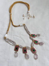 Gold polish kundan, ruby & emerald necklace with pearls and rose quartz beads-Silver Neckpiece-CI-House of Taamara