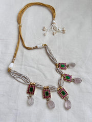 Gold polish kundan, ruby & emerald necklace with pearls and rose quartz beads-Silver Neckpiece-CI-House of Taamara