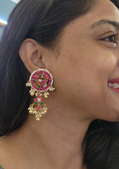 Gold polish kundan, ruby & emerald peacock earrings with pearls-Earrings-CI-House of Taamara