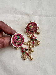Gold polish kundan, ruby & emerald peacock earrings with pearls-Earrings-CI-House of Taamara