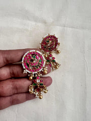 Gold polish kundan, ruby & emerald peacock earrings with pearls-Earrings-CI-House of Taamara