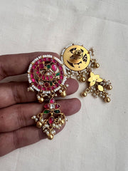 Gold polish kundan, ruby & emerald peacock earrings with pearls-Earrings-CI-House of Taamara