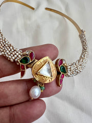 Gold polish kundan, ruby & emerald peacock hasli with stringed pearls-Silver Neckpiece-CI-House of Taamara