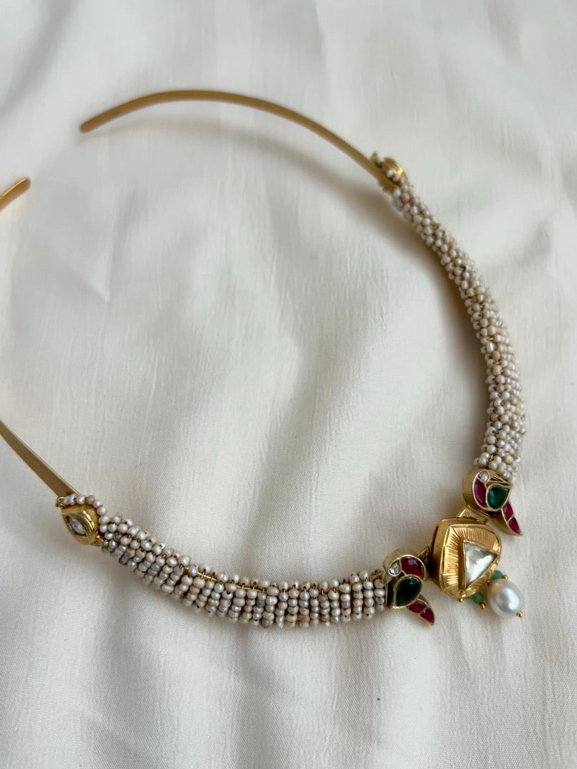 Gold polish kundan, ruby & emerald peacock hasli with stringed pearls-Silver Neckpiece-CI-House of Taamara
