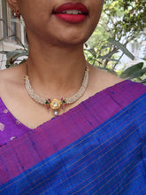 Gold polish kundan, ruby & emerald peacock hasli with stringed pearls-Silver Neckpiece-CI-House of Taamara