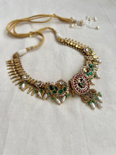 Gold polish kundan, ruby & emerald peacock necklace with pearls-Silver Neckpiece-CI-House of Taamara